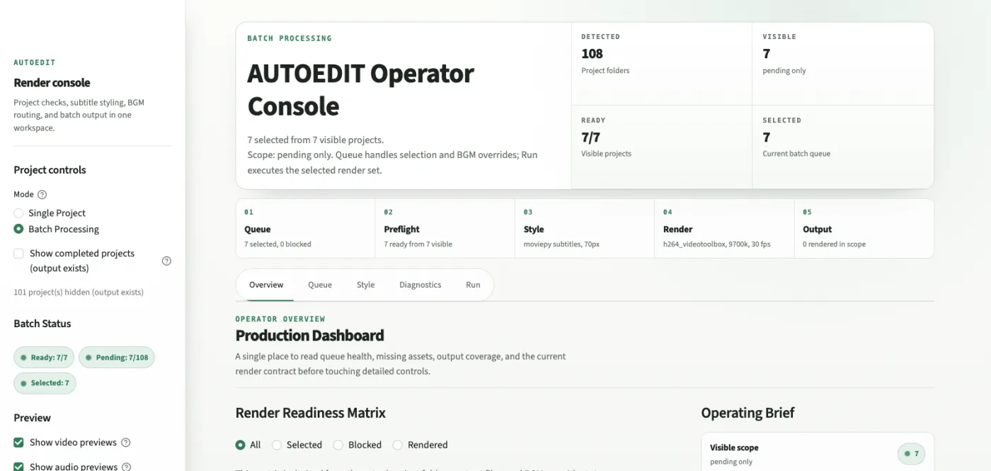 AutoEdit console showing batch processing status, readiness steps, render queue, and output controls