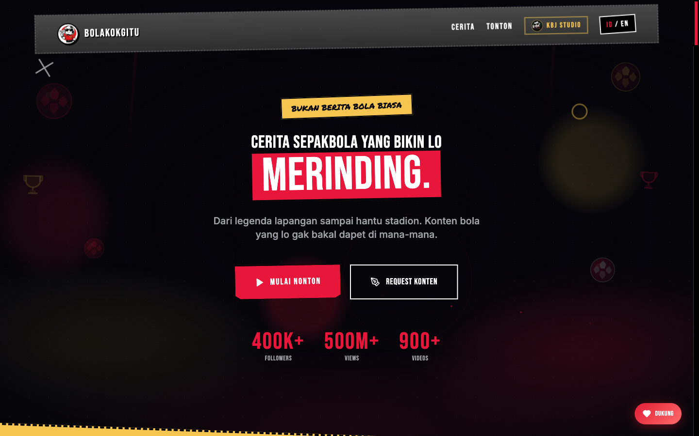 Bola Kok Gitu public website showing the AI football storytelling brand and public audience stats